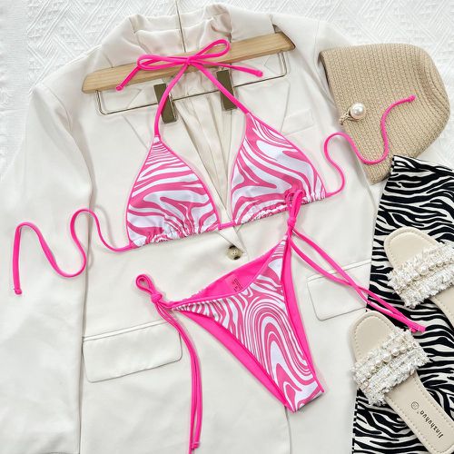 Bikini à rayures zébrées à liseré contrastant ras-du-cou triangulaire à nœud - SHEIN - Modalova