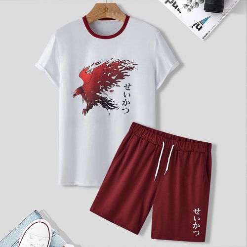 T-shirt aigle et japonais à lettres & Short à cordon - SHEIN - Modalova