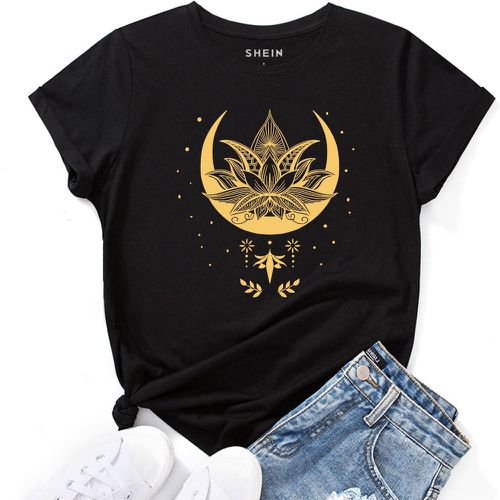 T-shirt lune & à imprimé lotus - SHEIN - Modalova
