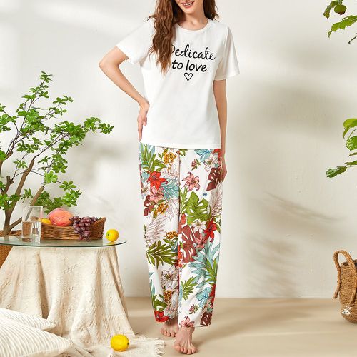 Ensemble de pyjama T-shirt à lettres & Pantalon à imprimé tropical - SHEIN - Modalova