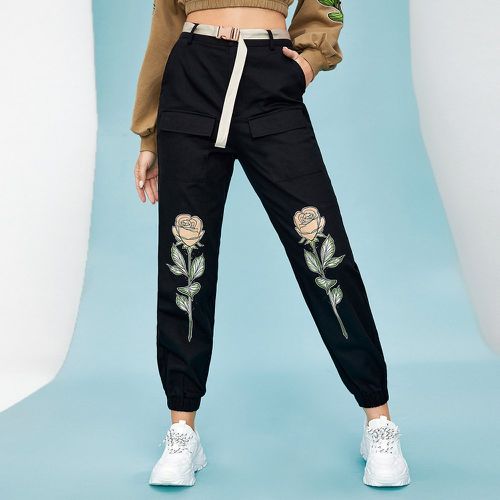 Pantalon cargo à imprimé floral poche à rabat ceinturé - SHEIN - Modalova