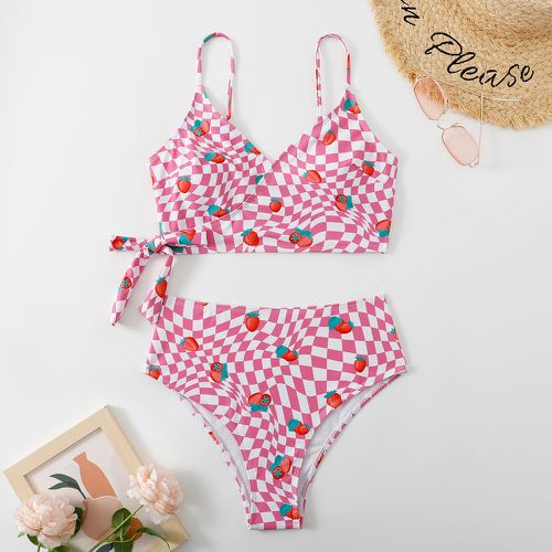 Bikini à carreaux & à imprimé fraise taille haute - SHEIN - Modalova