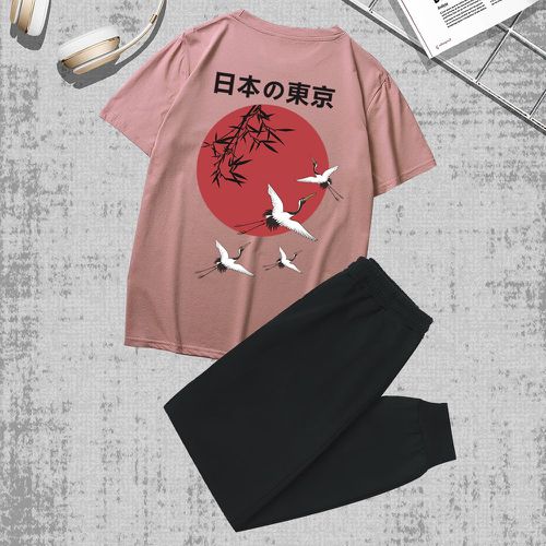 T-shirt à motif grue et lettre japonaise & Pantalon de survêtement à cordon - SHEIN - Modalova
