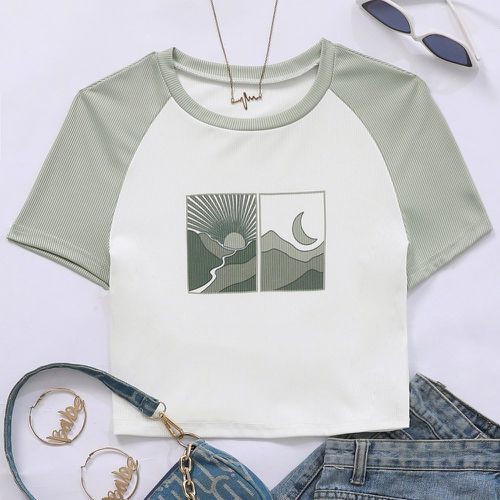 T-shirt à imprimé soleil et lune contrastant manches raglan - SHEIN - Modalova
