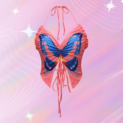 Top ras-du-cou à imprimé papillon à cordon dos-nu à nœud asymétrique - SHEIN - Modalova