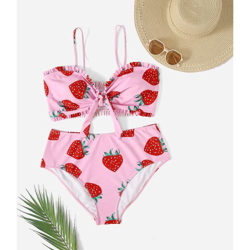 Bikini à imprimé fraise à nœud à plis taille haute - SHEIN - Modalova