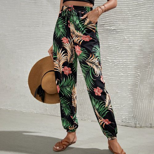 Pantalon trapèze taille haute à imprimé tropical à nœud - SHEIN - Modalova