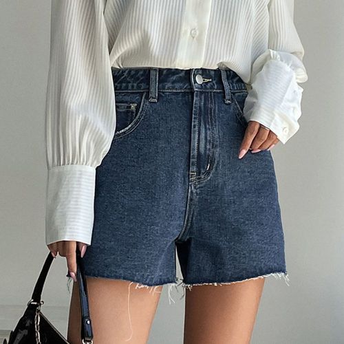 Shorts en jeans Poche Ourlet effiloché Unicolore - SHEIN - Modalova