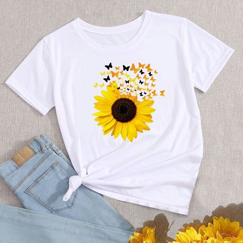 T-shirt à imprimé papillon et tournesol - SHEIN - Modalova