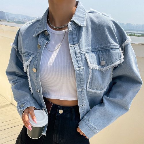 Veste en jean à ourlet effiloché à poche à rabat - SHEIN - Modalova
