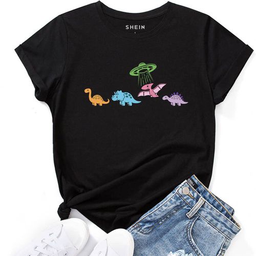 T-shirt à imprimé dinosaure et vaisseau spatial - SHEIN - Modalova