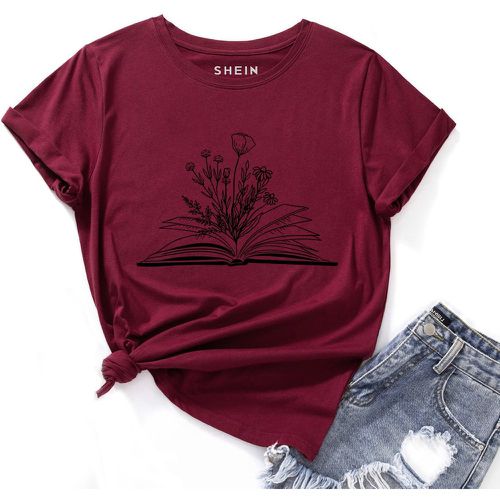 T-shirt à imprimé livre & floral - SHEIN - Modalova