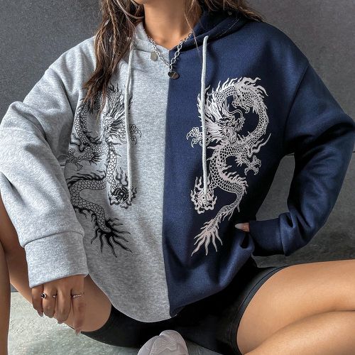 Sweat-shirt à capuche à imprimé dragon chinois bicolore à cordon - SHEIN - Modalova