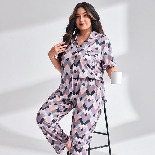 Ensemble de pyjama à imprimé géométrique avec coutures contrastantes patch à poche - SHEIN - Modalova