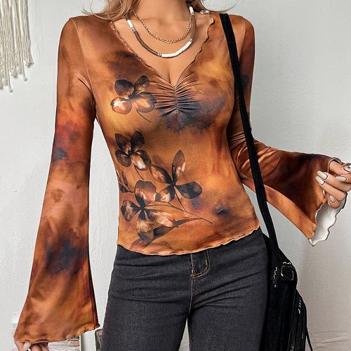 T-shirt tie dye à imprimé floral manches trompette - SHEIN - Modalova