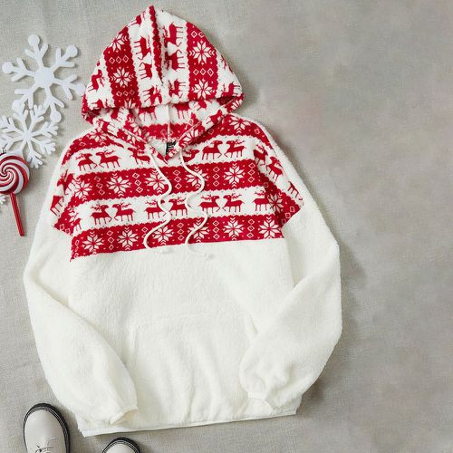 Sweat-shirt à capuche à imprimé géométrique et renne de Noël à cordon en flanelle - SHEIN - Modalova