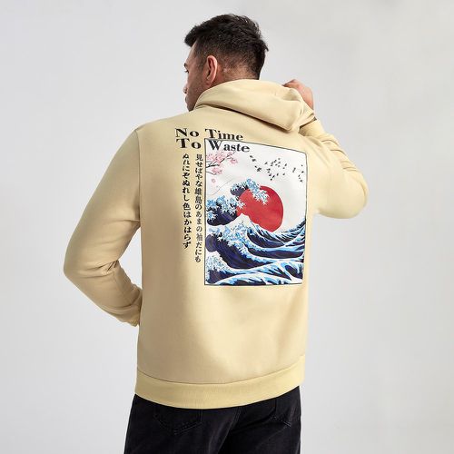 Sweat-shirt à capuche avec motif caractère japonais & à imprimé vague à poche kangourou à cordon - SHEIN - Modalova