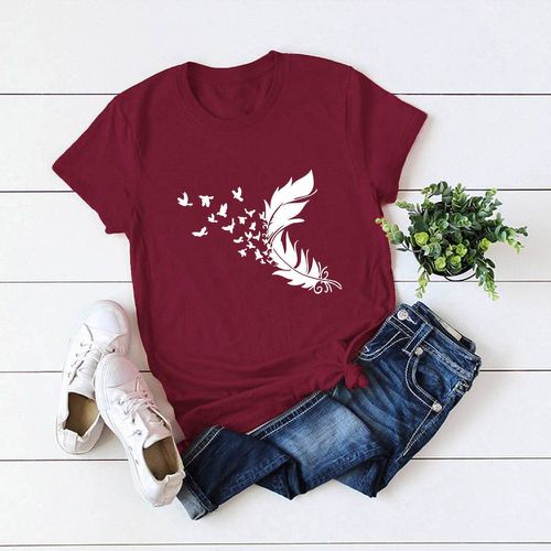 T-shirt à imprimé papillon et plume - SHEIN - Modalova