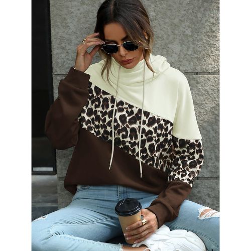 Sweat-shirt à capuche léopard à blocs de couleurs à cordon - SHEIN - Modalova