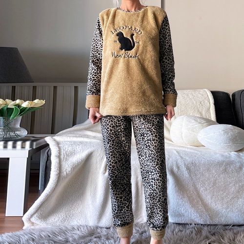 Ensemble de pyjama à broderie & léopard en tissu duveteux - SHEIN - Modalova