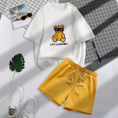 Ensemble De T-shirt À Slogan Imprimé D'ourss Avec Short À Taille Élastique De Couleur Unie - SHEIN - Modalova