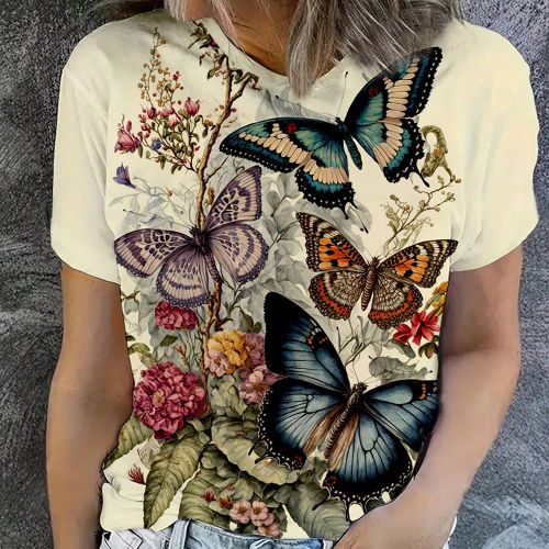 T-shirt casual à col rond et manches courtess, imprimé papillon, t-shirts graphiquess - SHEIN - Modalova