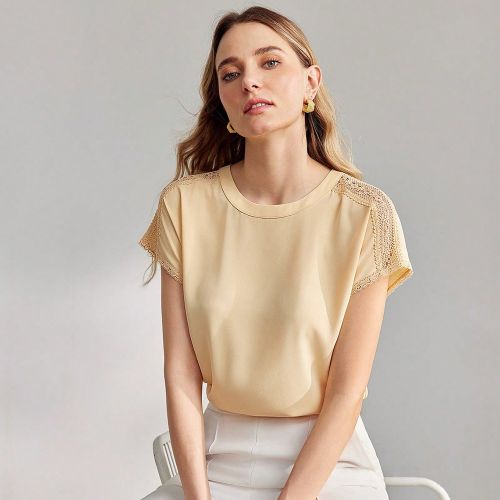 BLOUSE À MANCHES CHAUVE-SOURIS AVEC INSERTION DE DENTELLE unicolore - SHEIN - Modalova