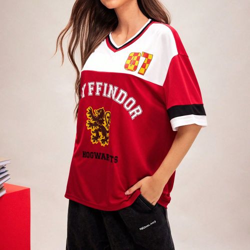 T-shirt à manches courtes à encolure en V avec graphique Gryffindor, tricoté lâche et décontracté, avec blocs de couleur,, pour Noël - SHEIN - Modalova