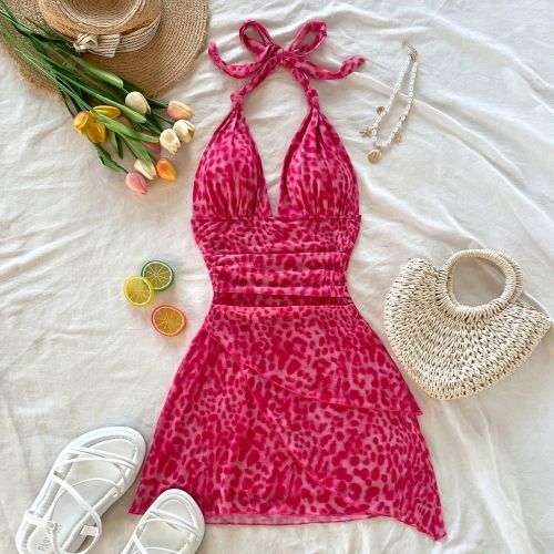 Robe vintage romantique pour vacances avec encolure en V à lacets, imprimé léopard, mesh froncés - SHEIN - Modalova