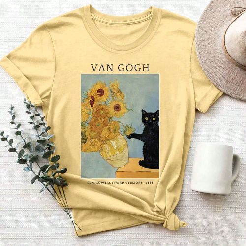 T-shirt à col ronds avec imprimé graphique drôle de chat et tournesol de Van Gogh - SHEIN - Modalova