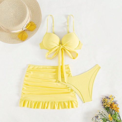 Ensemble de 3 pièces de robe de plage et bikini jaune à bretelles spaghetti de couleur unie avec nœud décoratif à volants et ourlet push-up, vaca - SHEIN - Modalova
