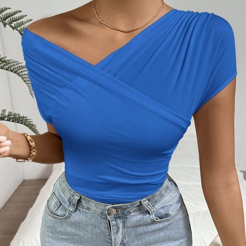 T-shirt cache-cœur décontracté à couleur unie et plissé asymétriques - SHEIN - Modalova