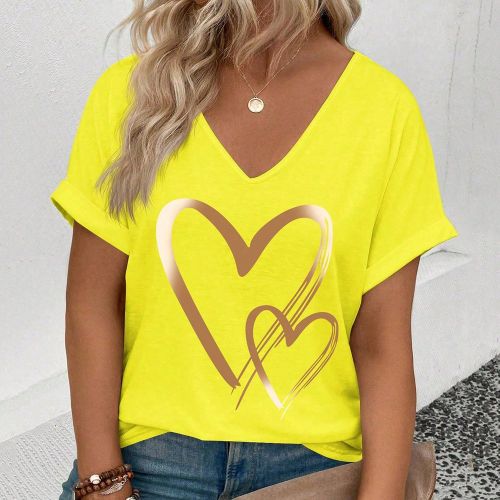 Tee-shirt ample à encolure en V et manches courtes, imprimé cœur, décontracté et ample - SHEIN - Modalova