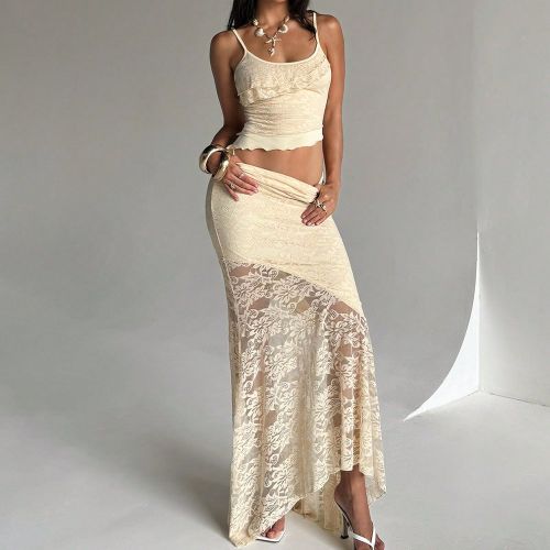 Ensemble de 2 piècess, comprenant un gilet asymétrique en dentelle transparente avec ourlet ondulé et une jupe bohème à queue de poisson taille b - SHEIN - Modalova