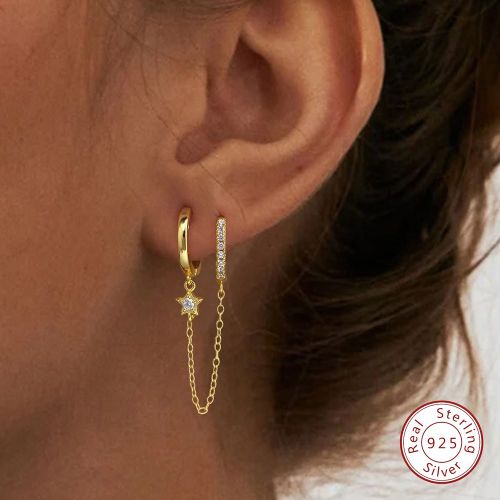 Pièce Boucles d'oreilles pendantes à double cercle et chaîne en pentagramme incrusté de zircone cubique étincelantes, cadeau de bijoux de soirée - SHEIN - Modalova