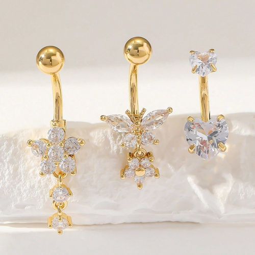 Pièces Ensemble de bijoux de corps de luxe plaqués or comprenant des anneaux de nombril en forme de cœur, de papillon et de fleur avec des zircones - SHEIN - Modalova