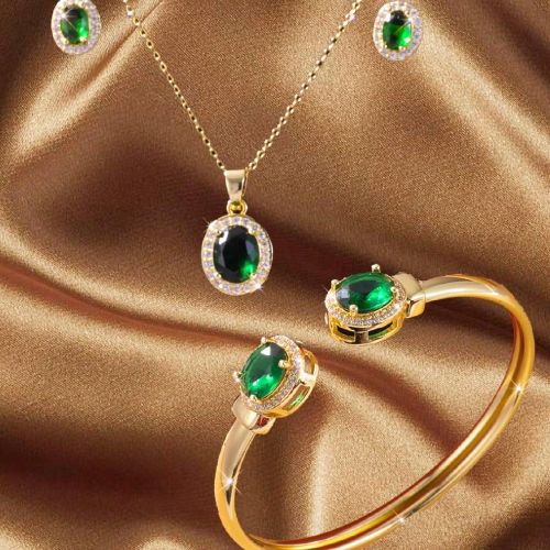 Pièces Ensemble de bijoux de collier, boucles d'oreilles, bracelet ovale en zircone dans la couleur verte, en acier inoxydable, cadeau pour anniversa - SHEIN - Modalova