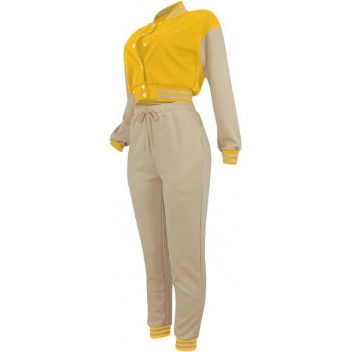 Pièces Ensemble veste décontractée à manches longues à simple boutonnage avec blocs de couleurs et pantalon de sport à cordon et poches, vêteme - SHEIN - Modalova