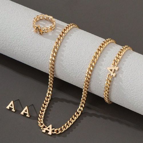 Pièce Ensembles Collier Pendentif Lettre Chaîne Épaisse Classique À La Mode En Métal, 1 Pièce Bracelet, 1 Pièce Bague, 1 Paire De Boucles D'ore - SHEIN - Modalova