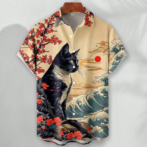 Chemise hawaïenne à manches courtes avec poche et boutonss, imprimée d'un chat et de fleurs de prunier dans le style ukiyo-e japonais - SHEIN - Modalova