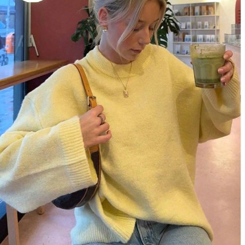 S Pull en tricot oversize à col rond et manches longues, couleur unie, style casual - SHEIN - Modalova
