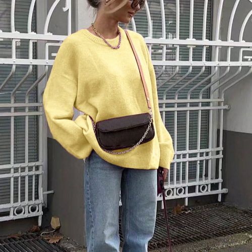 Nouveau pull tricotÃ© Ã  manches longues, col rond, couleur jaune beurre unicolore, ample, simple, dÃ©contractÃ© et polyvalents. Pull-over Ã©paules dÃ - SHEIN - Modalova
