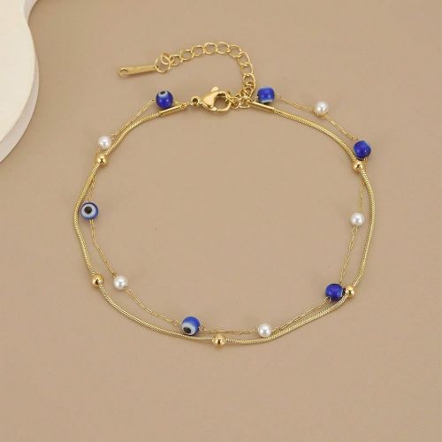 Pièce Bracelet de cheville en acier inoxydable à double couche avec perles et perles dorées - SHEIN - Modalova