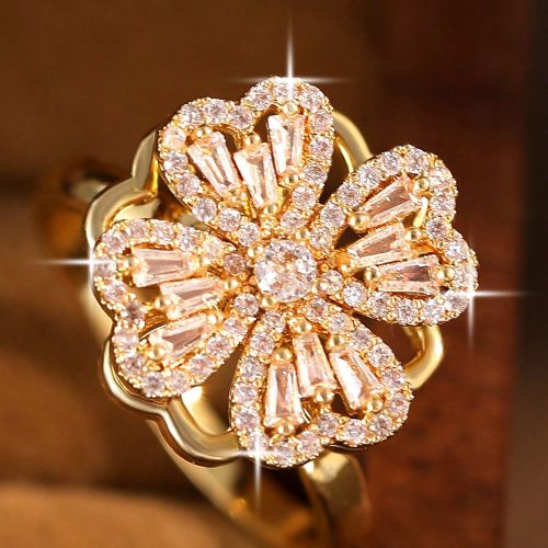 Pièce Anneau élégant à fleurs en zircone cubique à double couche et rotatif. Anneau de fiançailles en forme de cœur, idéal pour les sorties, l - SHEIN - Modalova