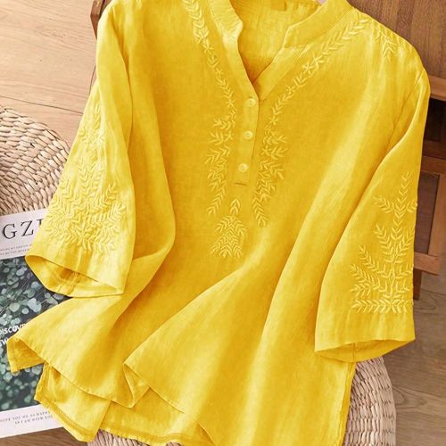 Blouse en lin casual ample, asymétrique, à broderies, de couleur unies, pour le printemps et l'été - SHEIN - Modalova