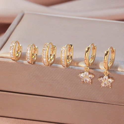 Pièces Boucles d'oreilles charmantes élégantes et à la mode avec fleurs et motifs géométriques circulaires, décorations en zirconiums. Ensemble - SHEIN - Modalova