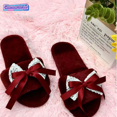 Mules platess avec grand nœud en ruban et dentelle, ouvertes sur le dessus, avec fourrure. Mules roses, mules bordeaux - SHEIN - Modalova