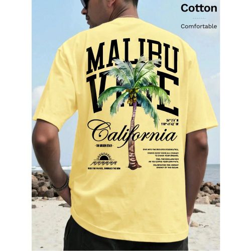 T-shirt en coton côtelé, imprimé style bord de mer californien, vêtements de sports de style universitaire printemps et été, hauts à manches co - SHEIN - Modalova