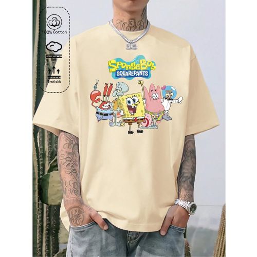 T-shirt en coton côtelé, imprimé Bob l'éponge et ses amis, vêtements de sports de style universitaire printemps et été, hauts à manches courte - SHEIN - Modalova