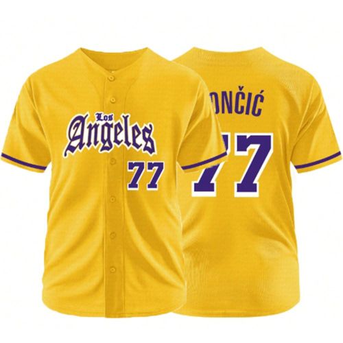 Maillot de baseball jaune 77s, t-shirt décontracté à manches courtes, brodé et cousu, col en V avec boutons, Top de sport pour fête - SHEIN - Modalova